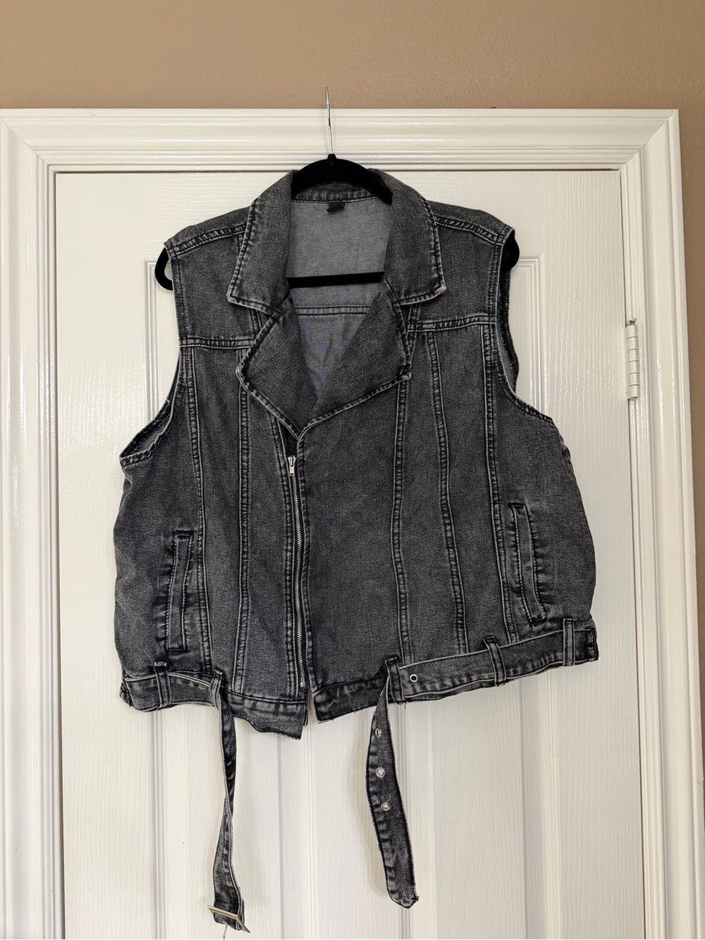 Grey Washed Denim Moto Vest